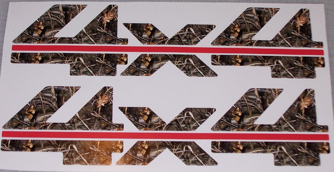 Chevy Style 4X4 #3 RED and M4 Real Tree CAMO  PAIR FULL COLOR Bed Side 14" x 7" Decal Sticker