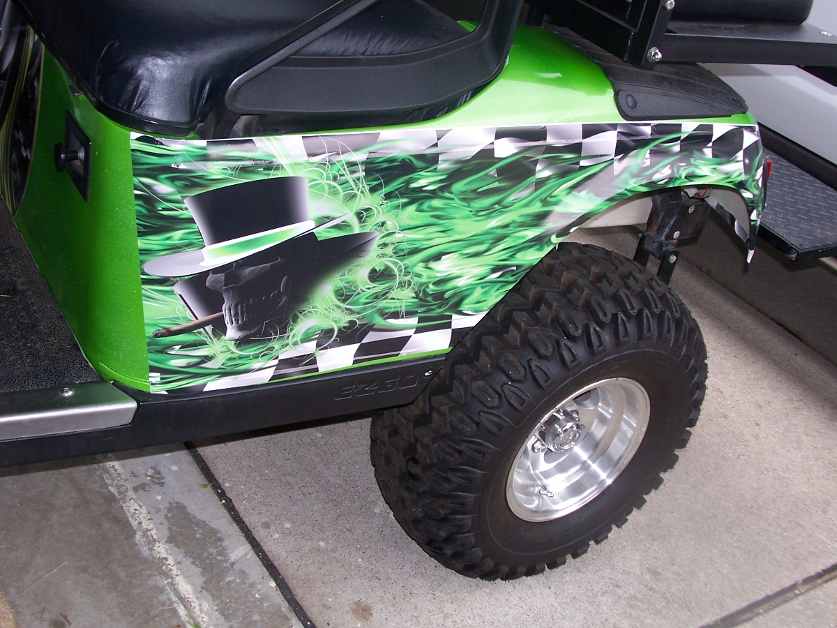 Golf Cart FULL COLOR LARGE SIDE Graphics Ace of Spades skull Flame & Checkered Flag Stripe Graphics Set EZGO Club Car Yamaha