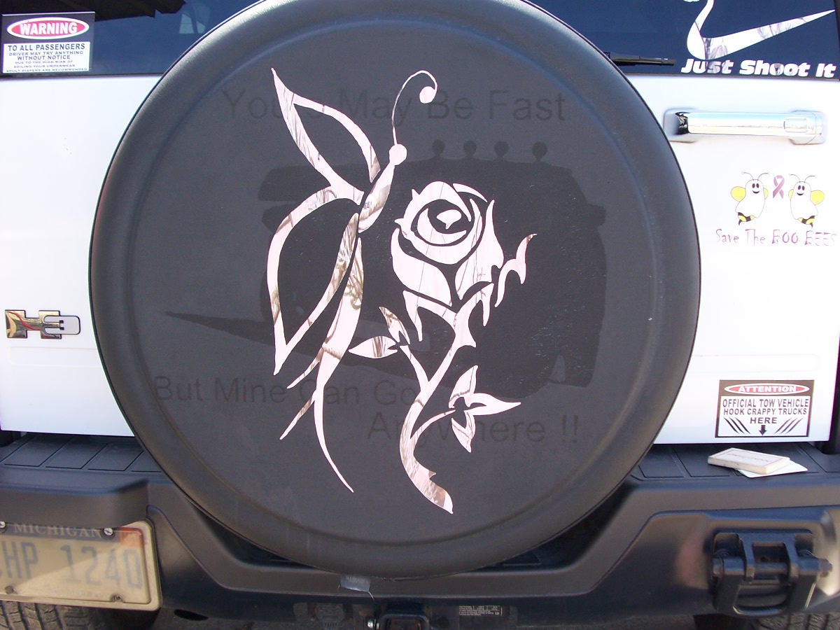 PINK CAMO tribal Butterfly Rose Spar Tire Cover Rear Window or Trailer Graphic Decal