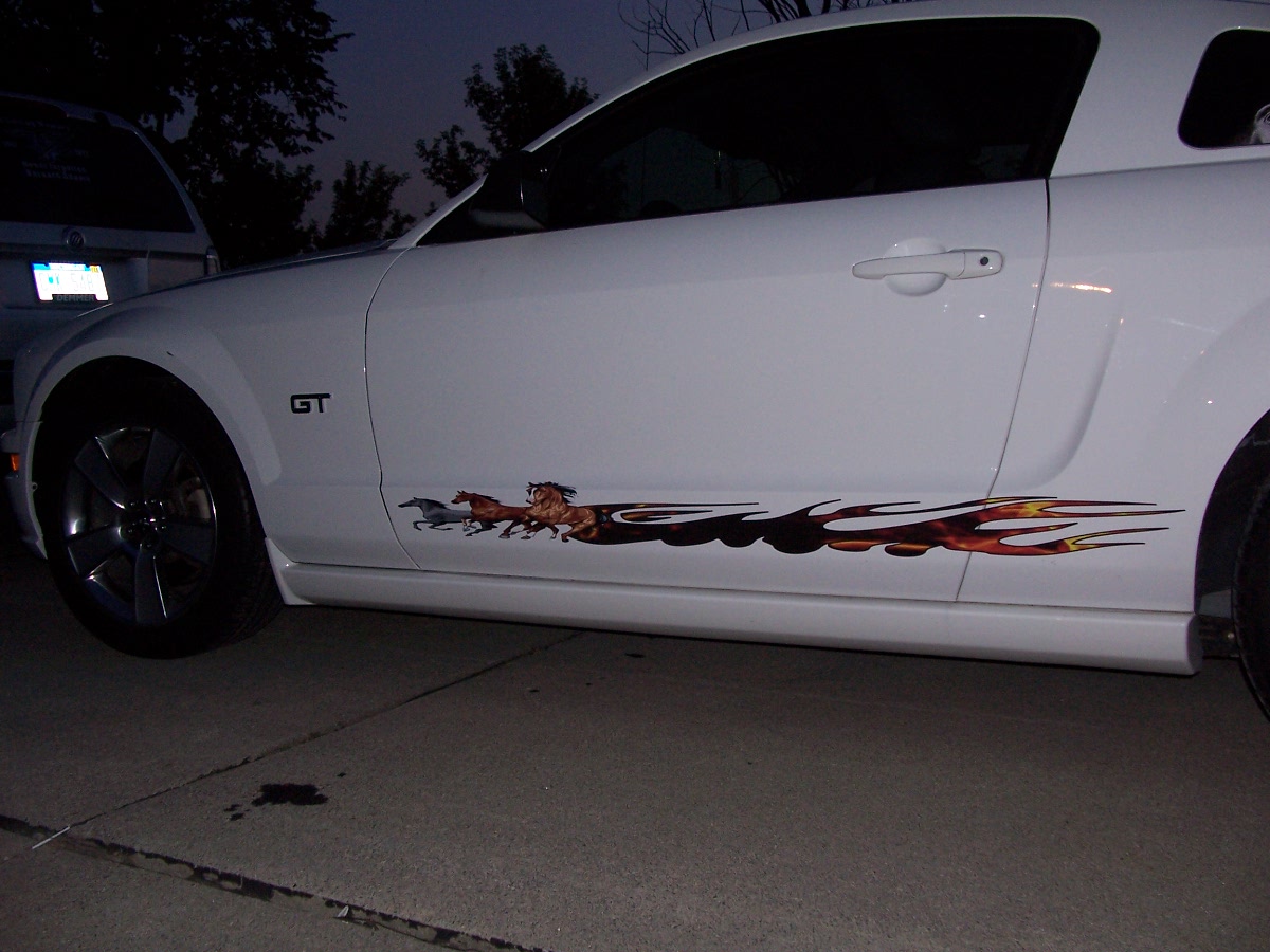 Mustang Pony WITH FLAMES Rocker Stripes FULL COLOR Side Graphics set