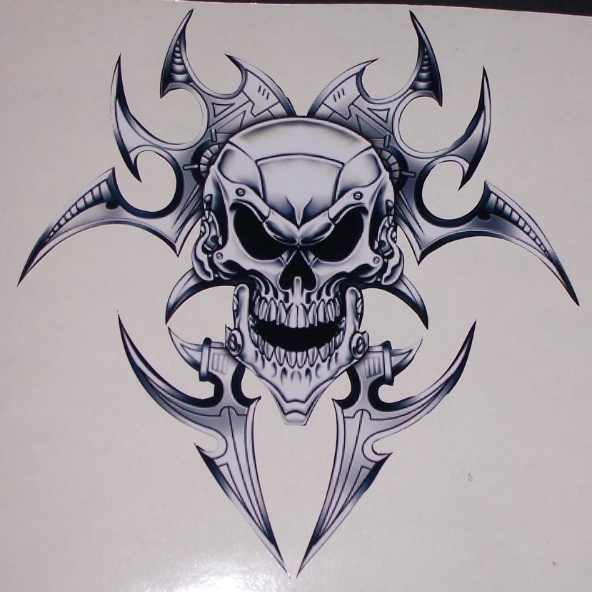 tribal Razor Skull White/Black  7\" x 6\" Full color tailgate Graphic Window Decal