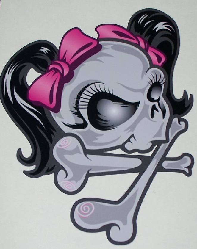 girl Skull w/ Pig Tail  7\" x 6.5\" Full color tailgate Graphic Window Decal