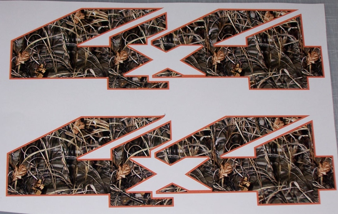 4X4 Orange and M4 Real Tree CAMO  PAIR FULL COLOR Bed Side 14\" x 6\" Decal Sticker