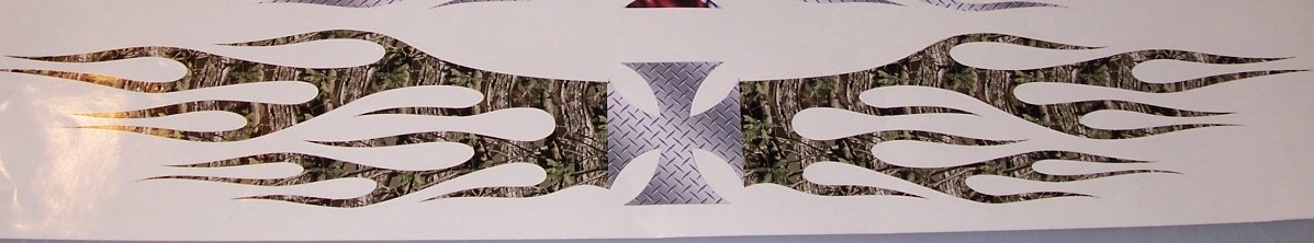 Diamond Plate Iron Cross & Mossy Oak Camo Flames Full color Graphic Window Decal Sticker